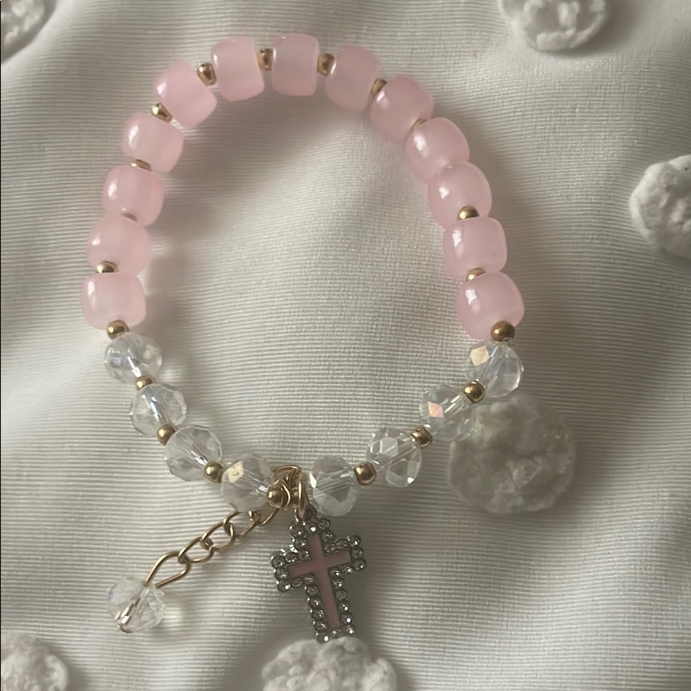 Pink Beaded Bracelet with Cross Charm